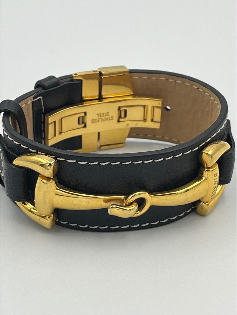 DIMACCI Orsini Gold Plated Horsebit Black Leather Cuff Bracelet NWOT